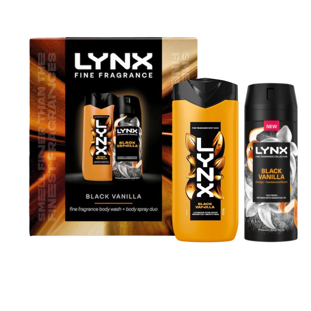 Lynx Fine Fragrance Black Vanilla Gift Set and contents on a white background