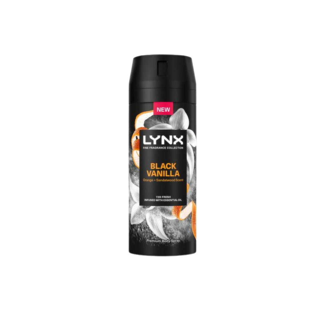 Lynx Fine fragrance black vanilla body spray on a white background