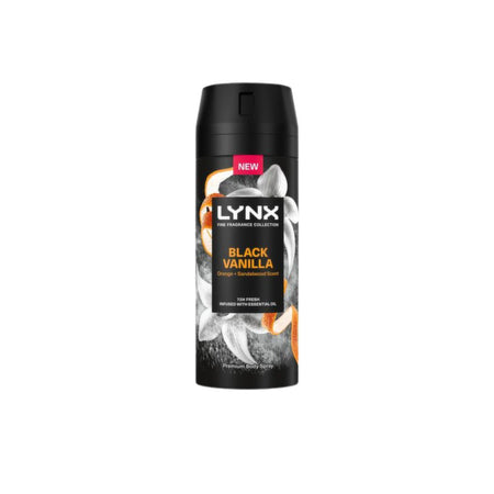 Lynx Fine fragrance black vanilla body spray on a white background