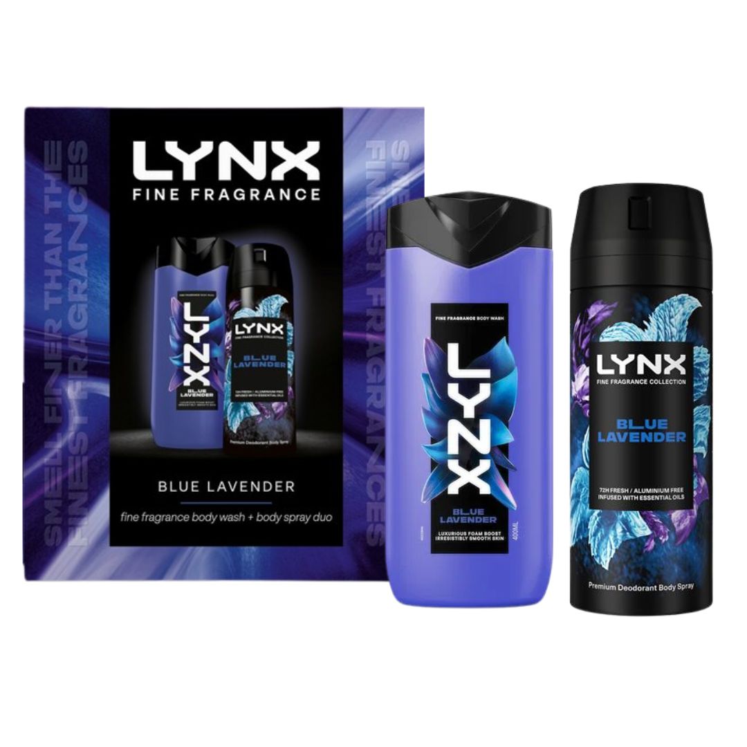 Lynx Fine Fragrance Blue Lavender Gift Set and contents on a white background