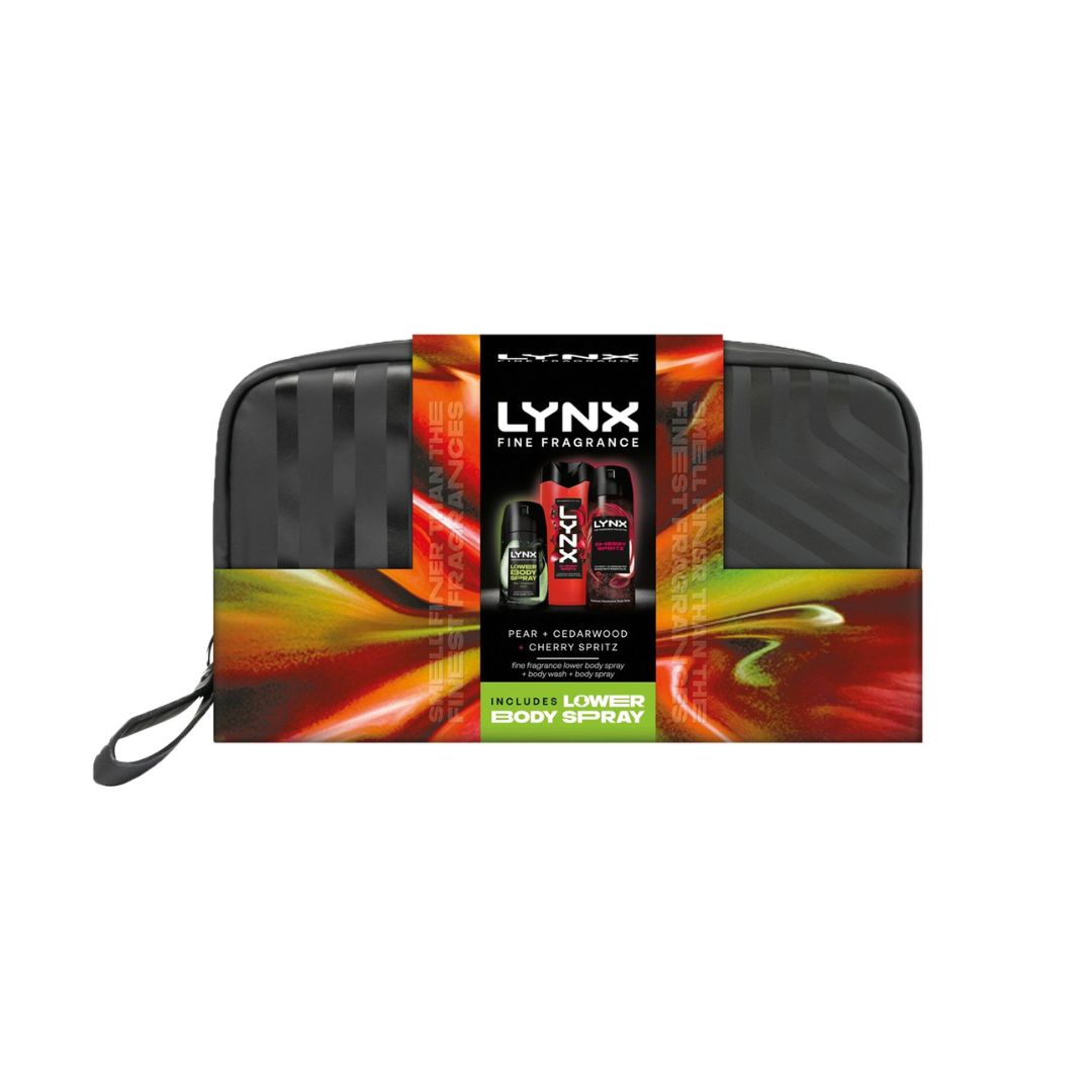 Lynx Fine Fragrance Cherry Spritz Washbag Gift Set on a white background