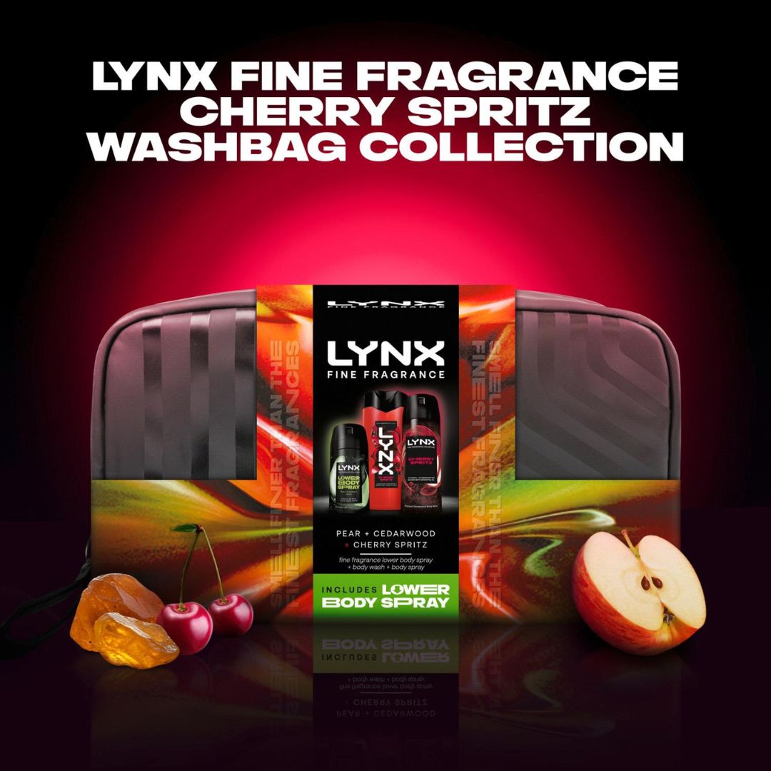 Lynx Fine Fragrance Cherry Spritz Washbag Gift Set on a dark background