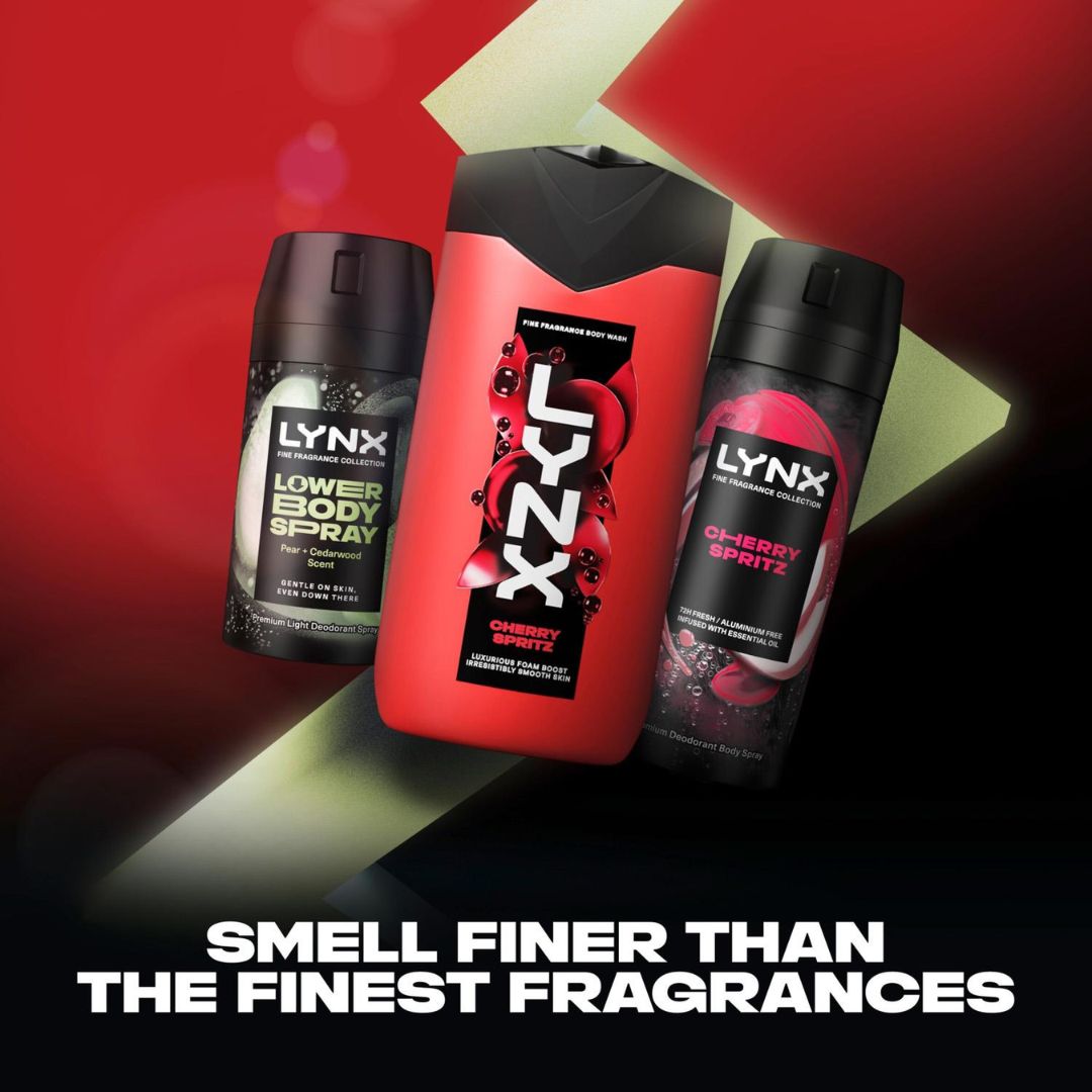 Lynx Fine Fragrance Cherry Spritz Washbag Gift Set 'SMELL FINER THAN THE FINEST FRAGRANCES' graphic