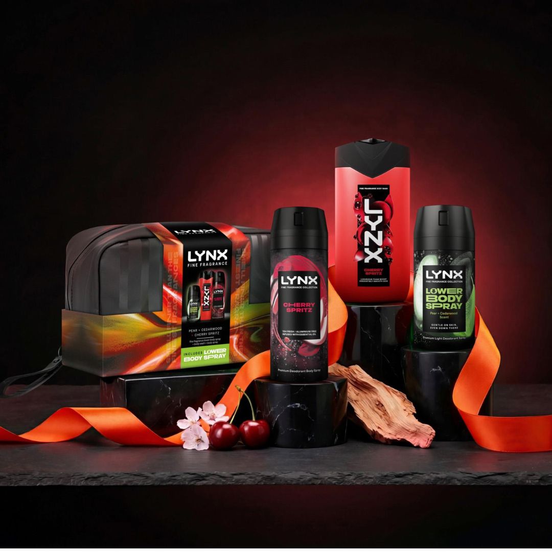 Lynx Fine Fragrance Cherry Spritz Washbag Gift Set on a dark background