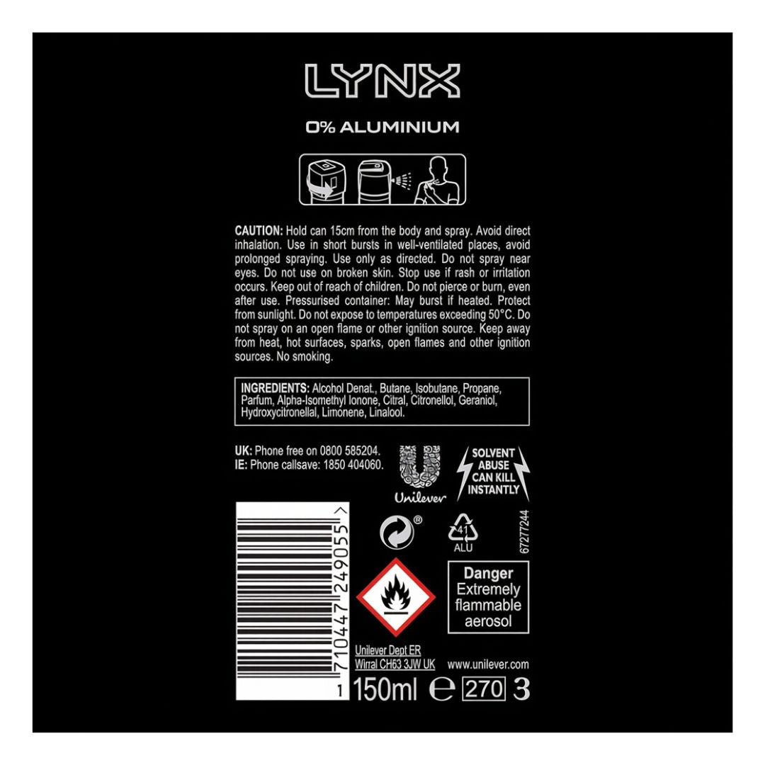 Lynx Gold Deodorant Body Spray 150ml label on a black background