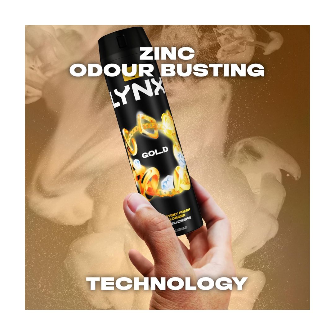Lynx Gold Deodorant Body Spray on a gold background with the caption 'ZINC ODOUR BURSTING TECHNOLOGY'