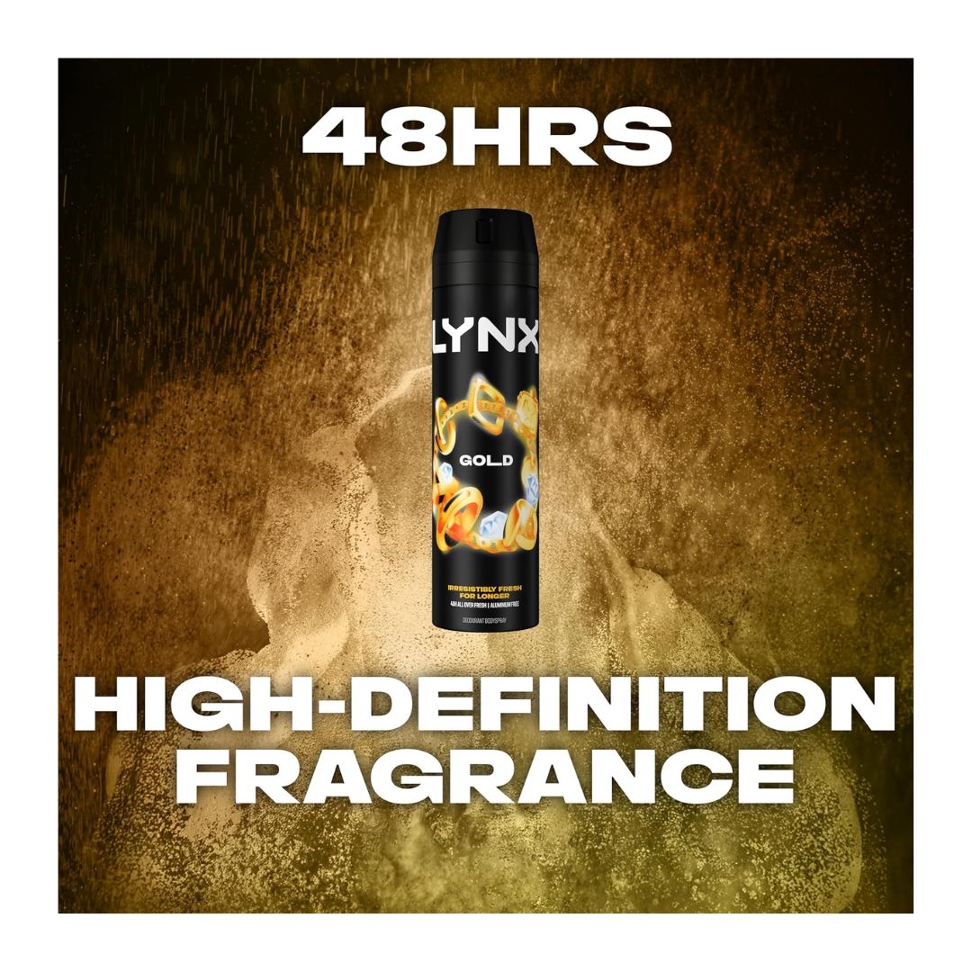 Lynx Gold Deodorant Body Spray on a gold background with the caption '48HRS HIGH-DEFINITION FRAGRANCE'