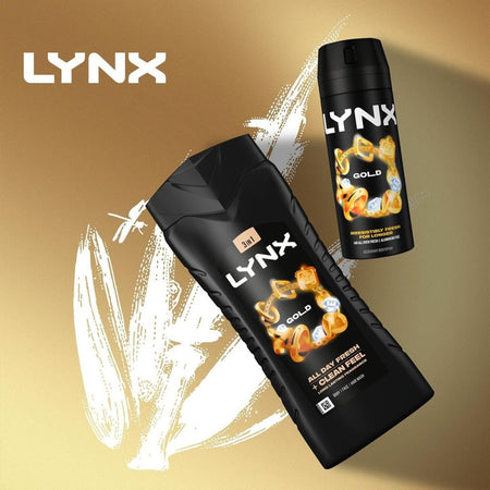 Two Lynx Gold deodorant bottles on a gold background with the Lynx logo.