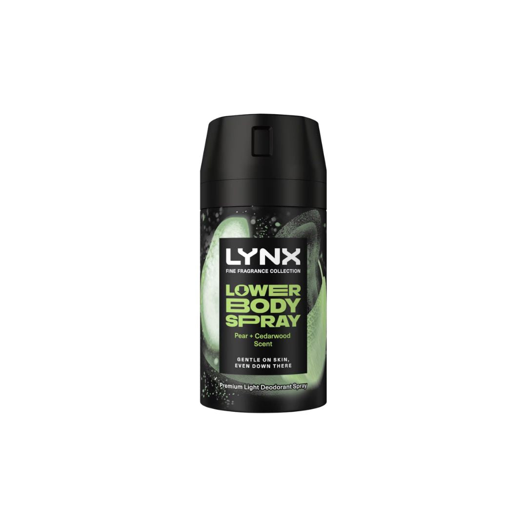 Lynx Pear + Cedarwood Lower Body Spray 100ml can on a white background