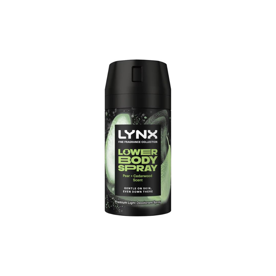 Lynx Pear + Cedarwood Lower Body Spray 100ml can on a white background