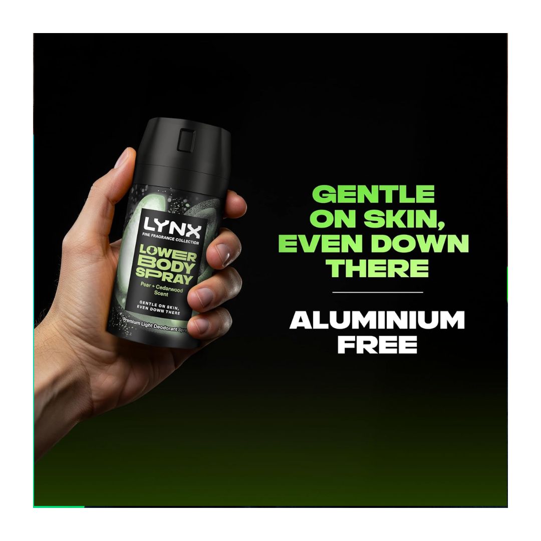 Lynx Pear + Cedarwood Lower Body Spray 100ml 'GENTLE ON SKIN,EVEN DOWN THERE' promotional image on a black background