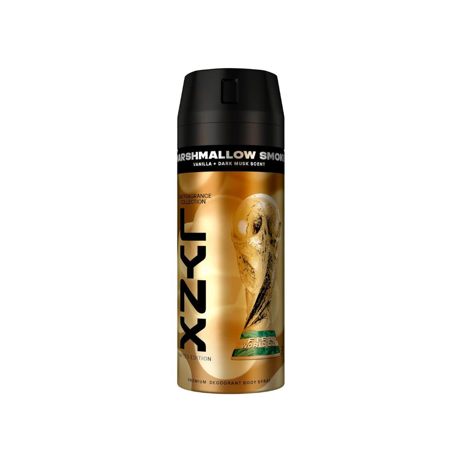 A can of Lysol deodorant body spray in Marshmallow Smoke scent, featuring a metallic gold label with a graphic of a marshmallow and black cap, on a solid white background.
