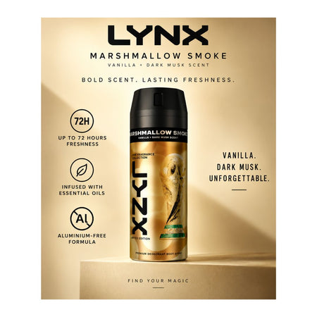 A bottle of LYNX Marshmallow Smoke fragrance centered on a beige promotional background with text callouts and product features.