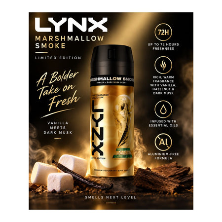 A bottle of Lynx Marshmallow Smoke limited edition fragrance oil centered on a dark brown and gold promotional background with marshmallows, vanilla bean, and text callouts.