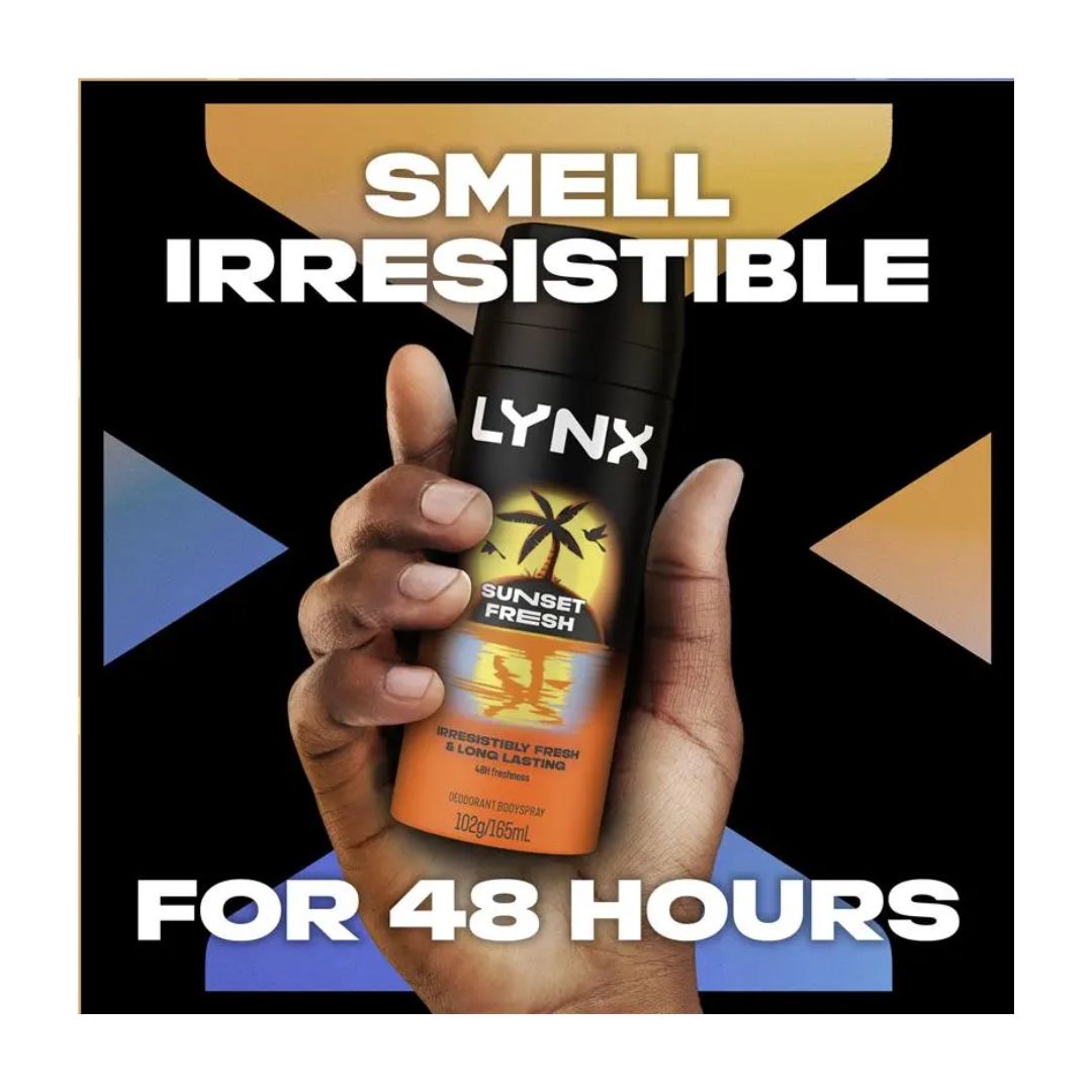 Lynx Sunset Fresh Deodorant Body Spray 150ml on a black background with the caption 'SMELL IRRESISTIBLE'
