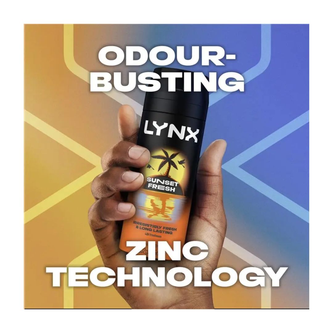 Lynx Sunset Fresh Deodorant Body Spray 150ml on a yellow and purple gradient with the caption 'ODOUR-BURSTING'