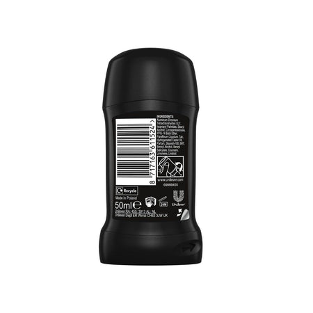 The back of a black Lynx Africa Anti-Perspirant Deodorant Stick 50ml
50ml deodorant stick container, showing the barcode, ingredients list, and recycling icons on a plain white background.