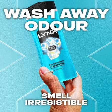 A hand holding a bottle of Lynx Wash Away Odour + Clean Free spray against a bright blue graphic background with bold white text.