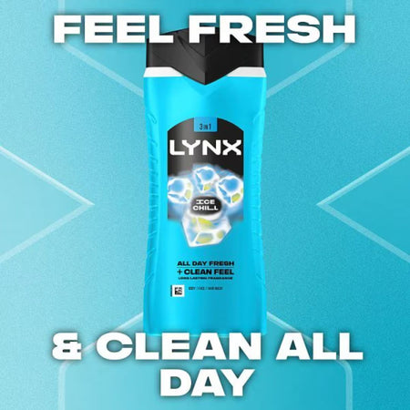 Lynx shower gel packaging with promotional text on a blue background