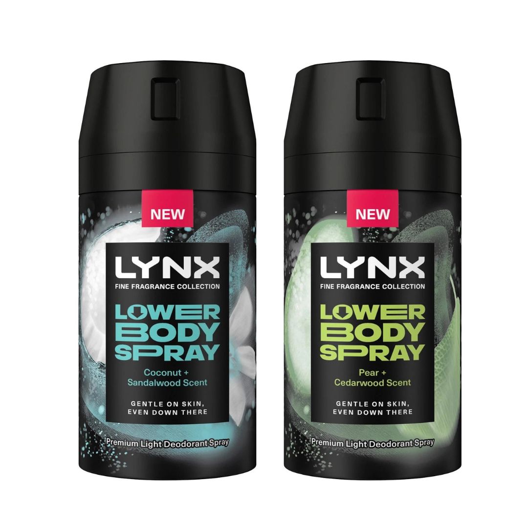 Two LYNX Fine Fragrance Collection Lower Body Spray deodorant cans shown side by side on a white background. The left can is Coconut + Sandalwood Scent with a blue graphic, and the right can is Pear + Cedarwood Scent with a green graphic.