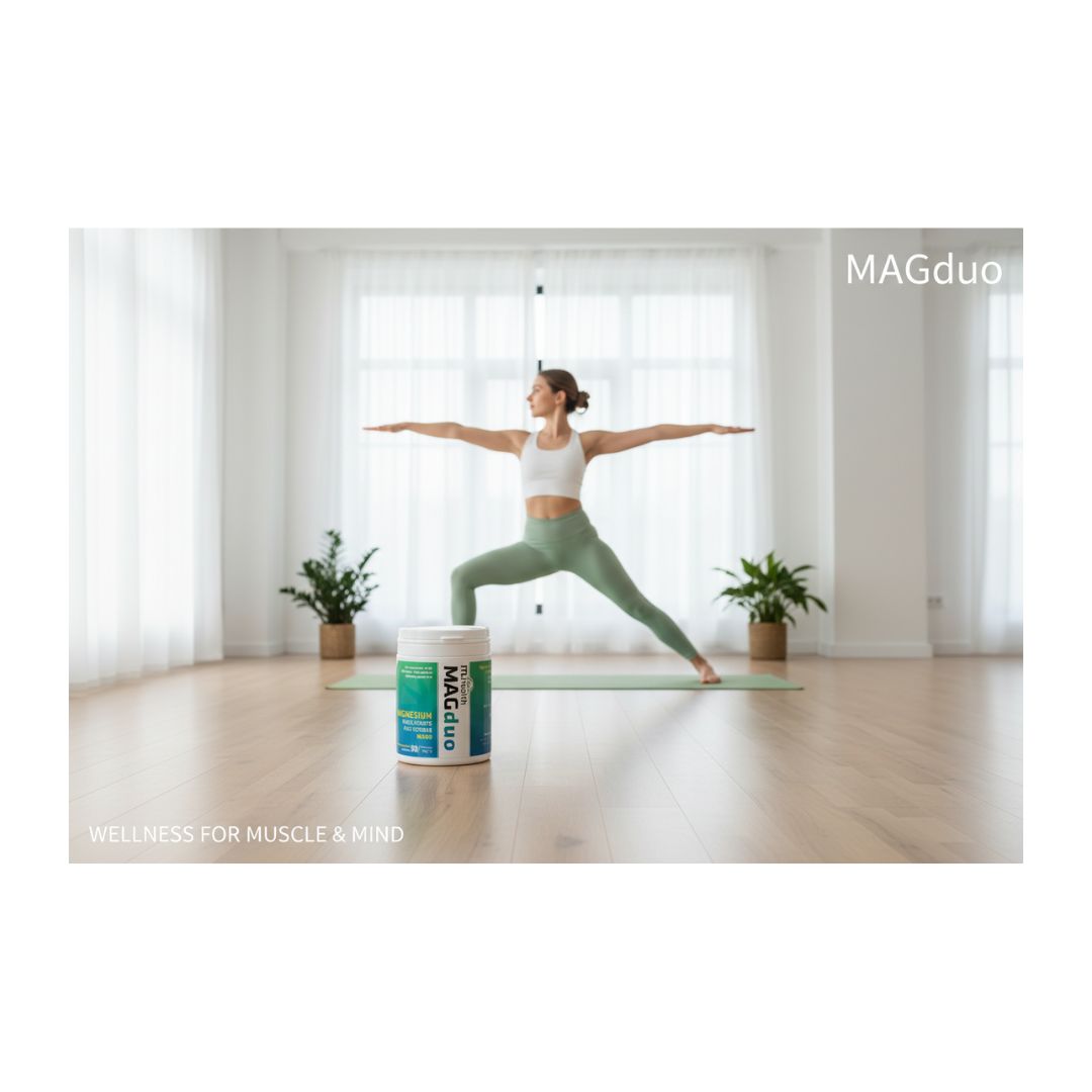 MAGduo Capsules in use while a woman performs yoga in the background
