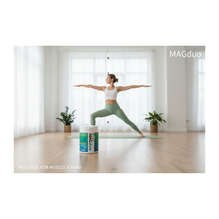 MAGduo Capsules in use while a woman performs yoga in the background