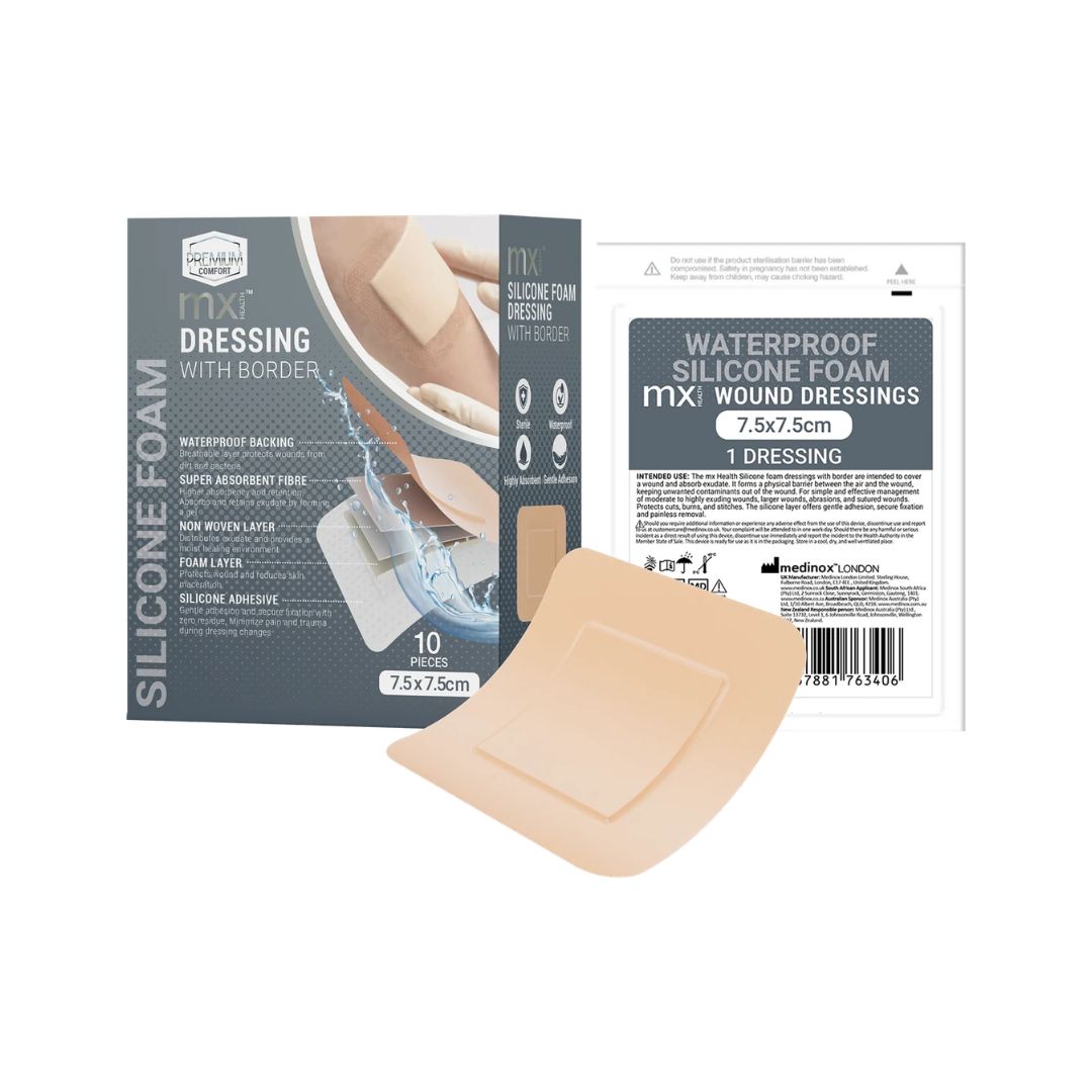 MX Silicone Foam Dressing with Border packaging and dressing on a white background