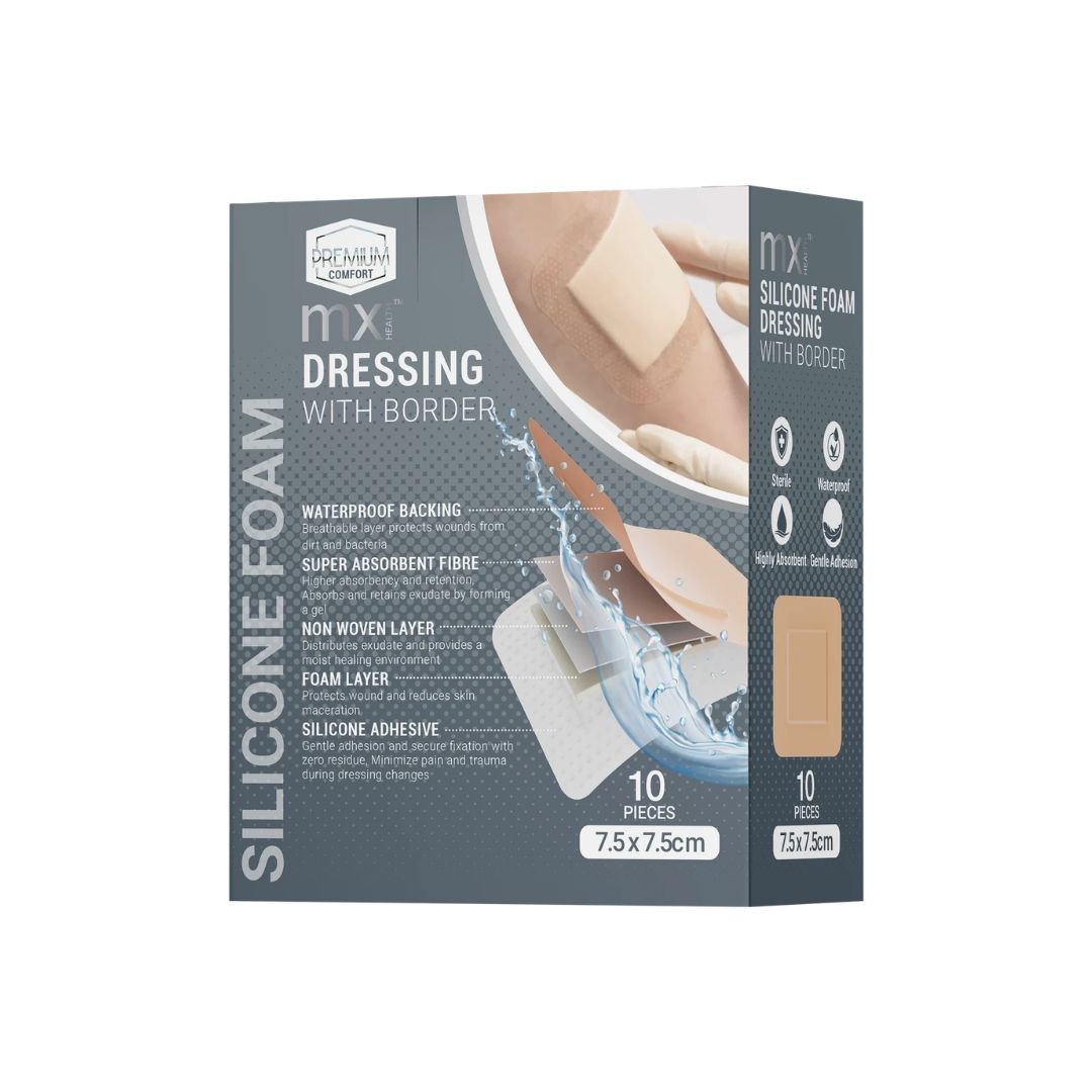 MX Silicone Foam Dressing with Border packaging on a white background