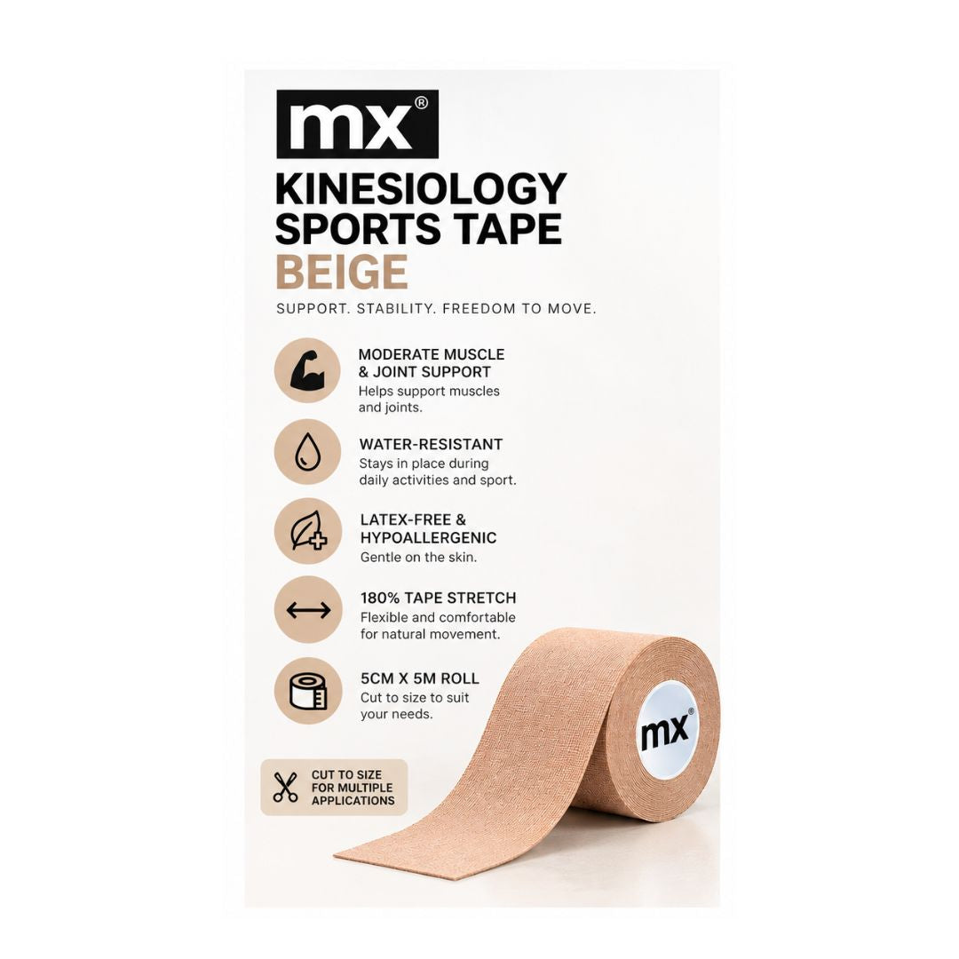 MX Kinesiology Sports Tape - Beige benefits graphic on a white background