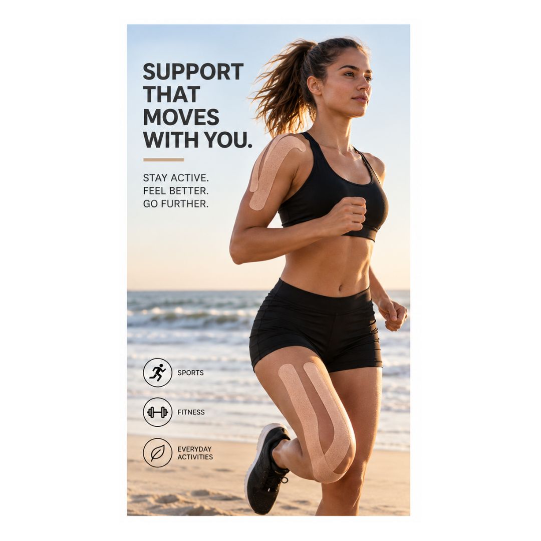 MX Kinesiology Sports Tape - Beige 'SUPPORT THAT MOVES WITH YOU' graphic