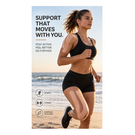 MX Kinesiology Sports Tape - Beige 'SUPPORT THAT MOVES WITH YOU' graphic