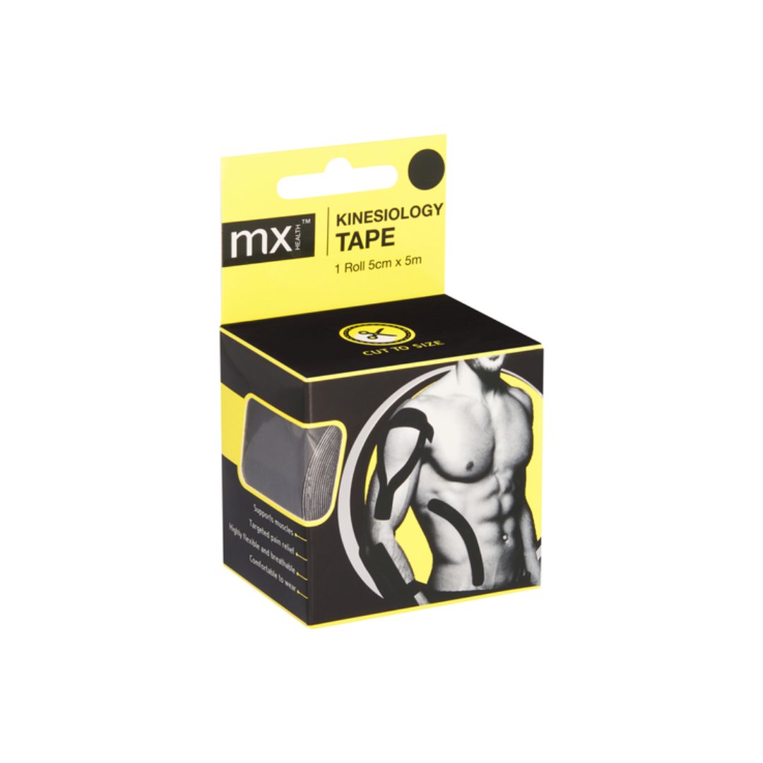 MX Kinesiology Sports Tape – Black (5cm x 5m) packaging (side angle) on a white background