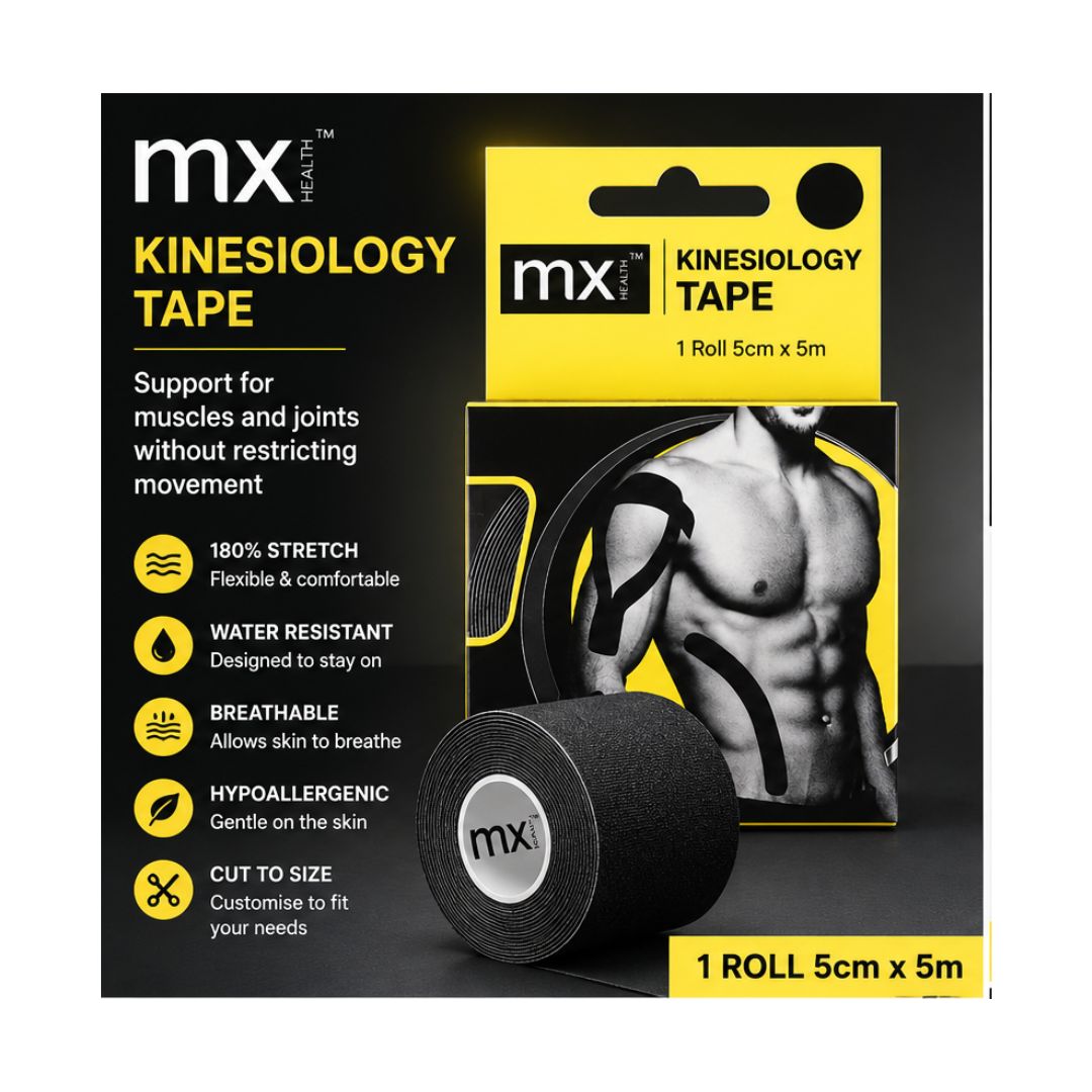 MX Kinesiology Sports Tape – Black (5cm x 5m) product information graphic on a black background