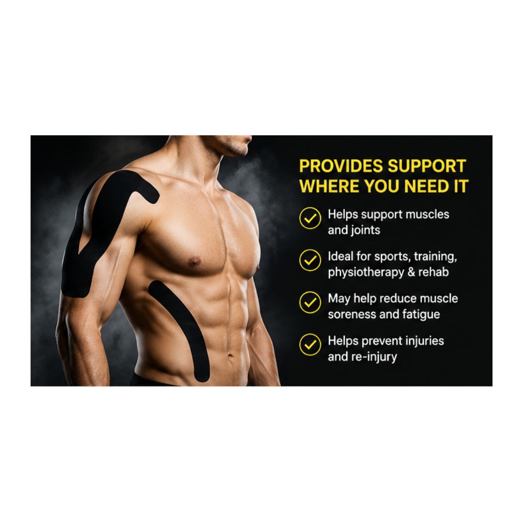 MX Kinesiology Sports Tape – Black (5cm x 5m)'PROVIDES SUPPORT WHERE YOU NEED IT' graphic