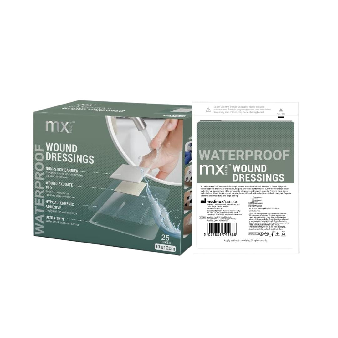 MX Waterproof Dressing 10 x 12cm packaging and dressing on a white background