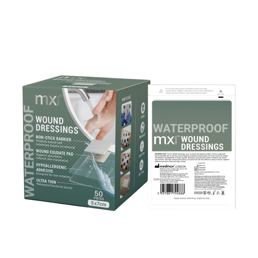 MX Health Waterproof Wound Dressing 5cm x 7cm  packaging and dressing on a white background