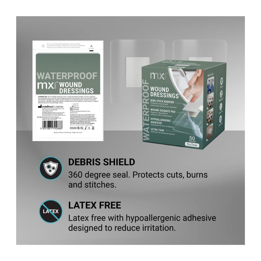 MX Health Waterproof Wound Dressing 5cm x 7cm packaging and dressing on a grey background