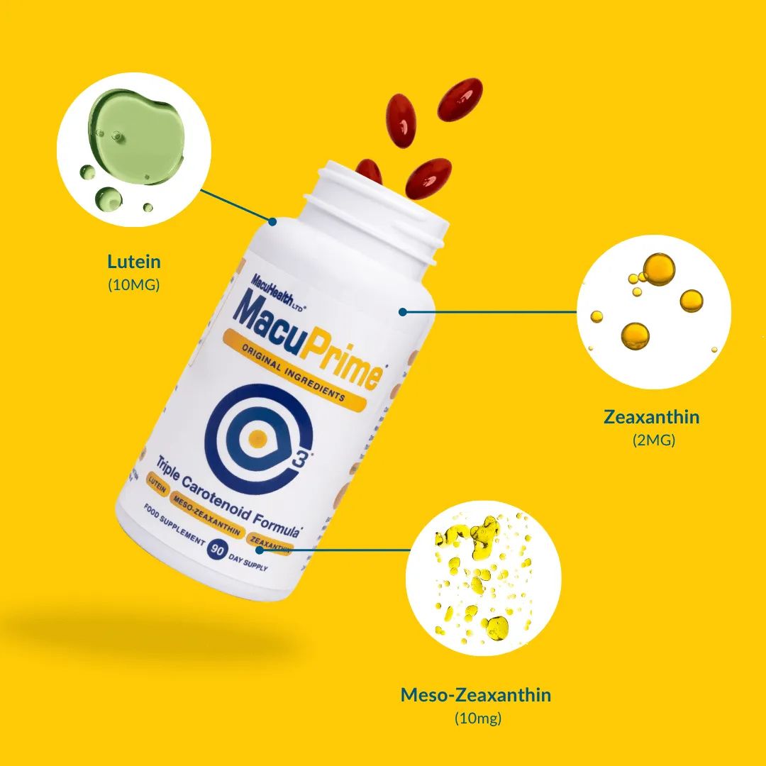 MacuPrime supplement bottle with ingredients labeled on a yellow background