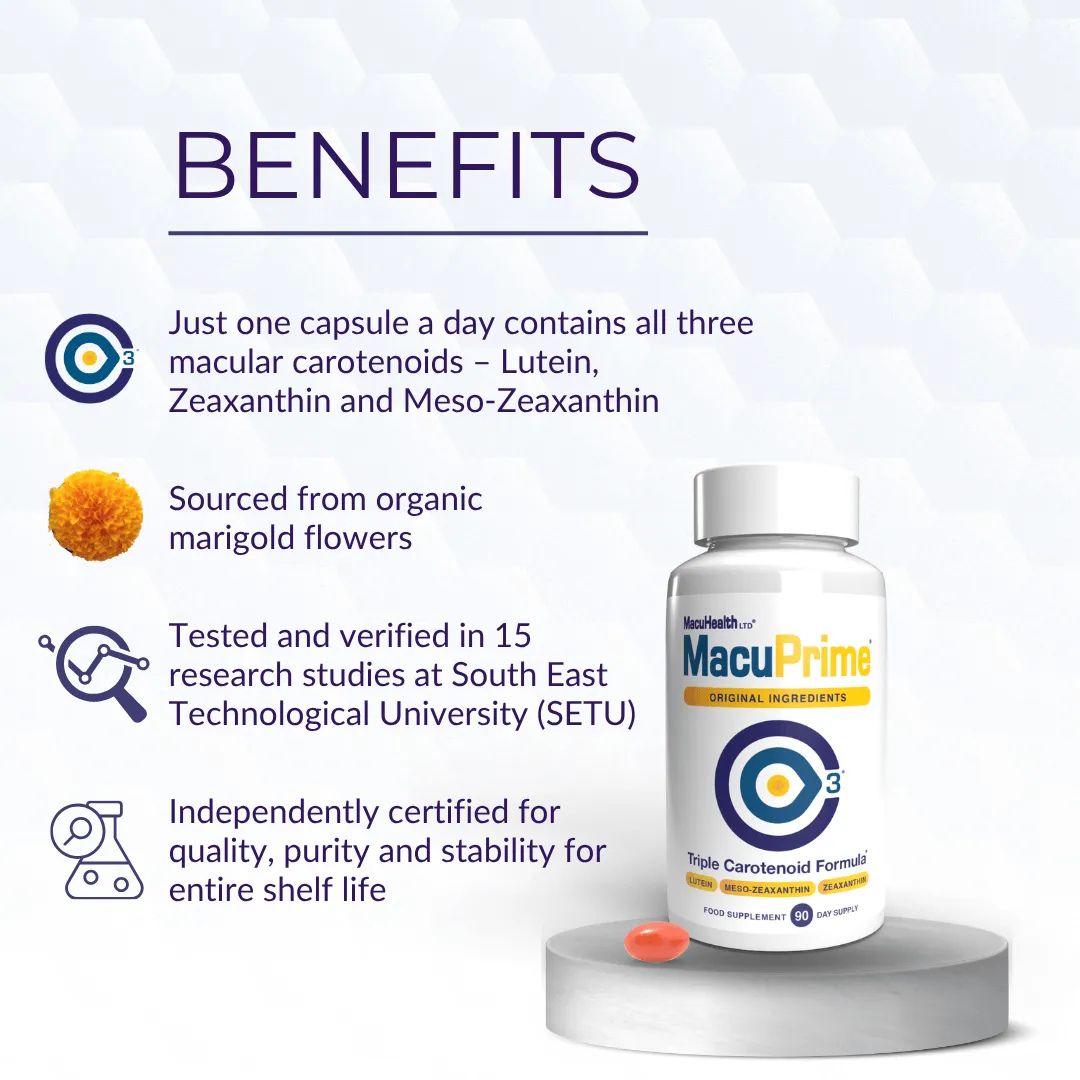 MacuPrime supplement bottle with benefits listed on a white background