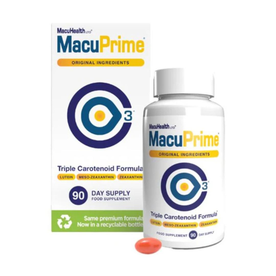 MacuPrime supplement bottle and packaging on a white background