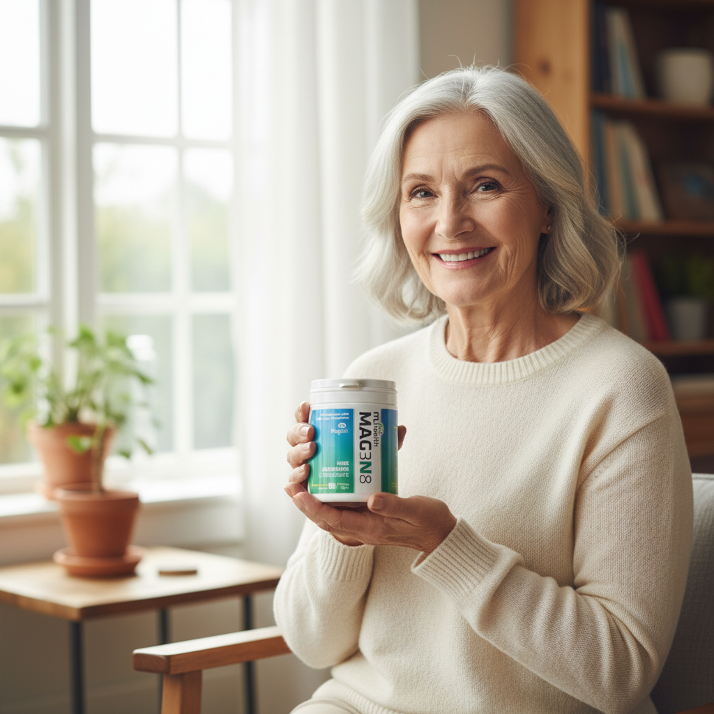 Woman holding a supplement container in a bright room with plants and books.