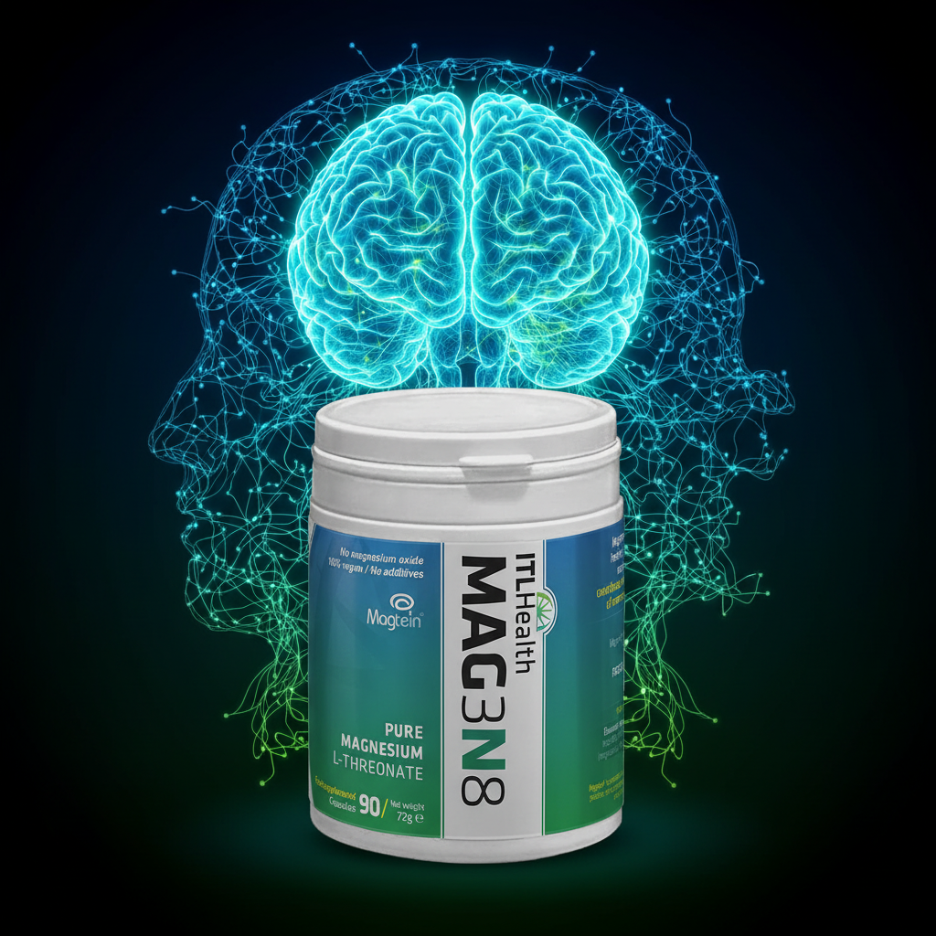 Supplement container labeled 'ITLHealth MAC3N8' with a brain illustration on a dark background