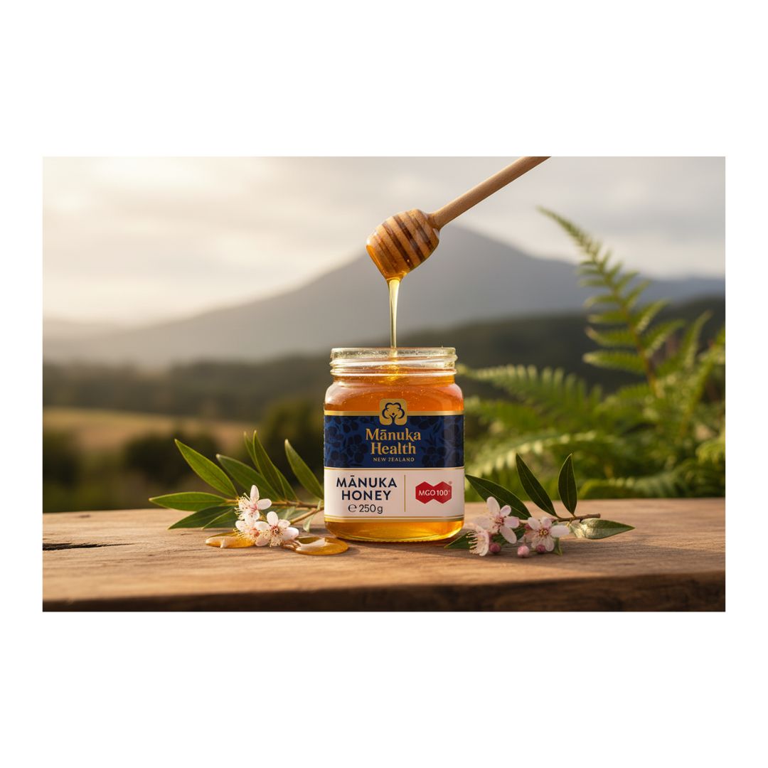 Manuka Health MGO 100+ Manuka Honey 250g container on a forestry backdrop