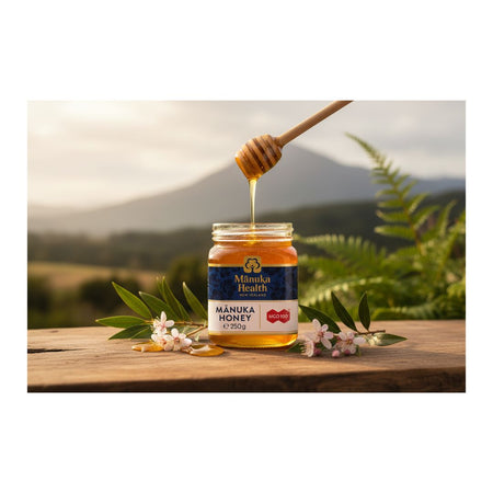 Manuka Health MGO 100+ Manuka Honey 250g container on a forestry backdrop