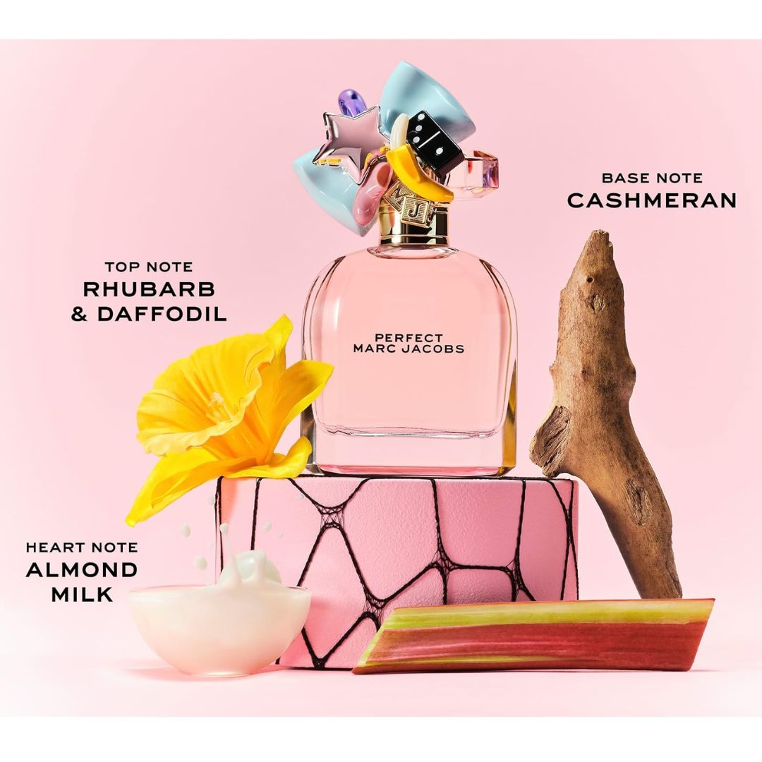 Marc Jacobs Perfect Eau de Parfum 50ml note information image on a pink background
