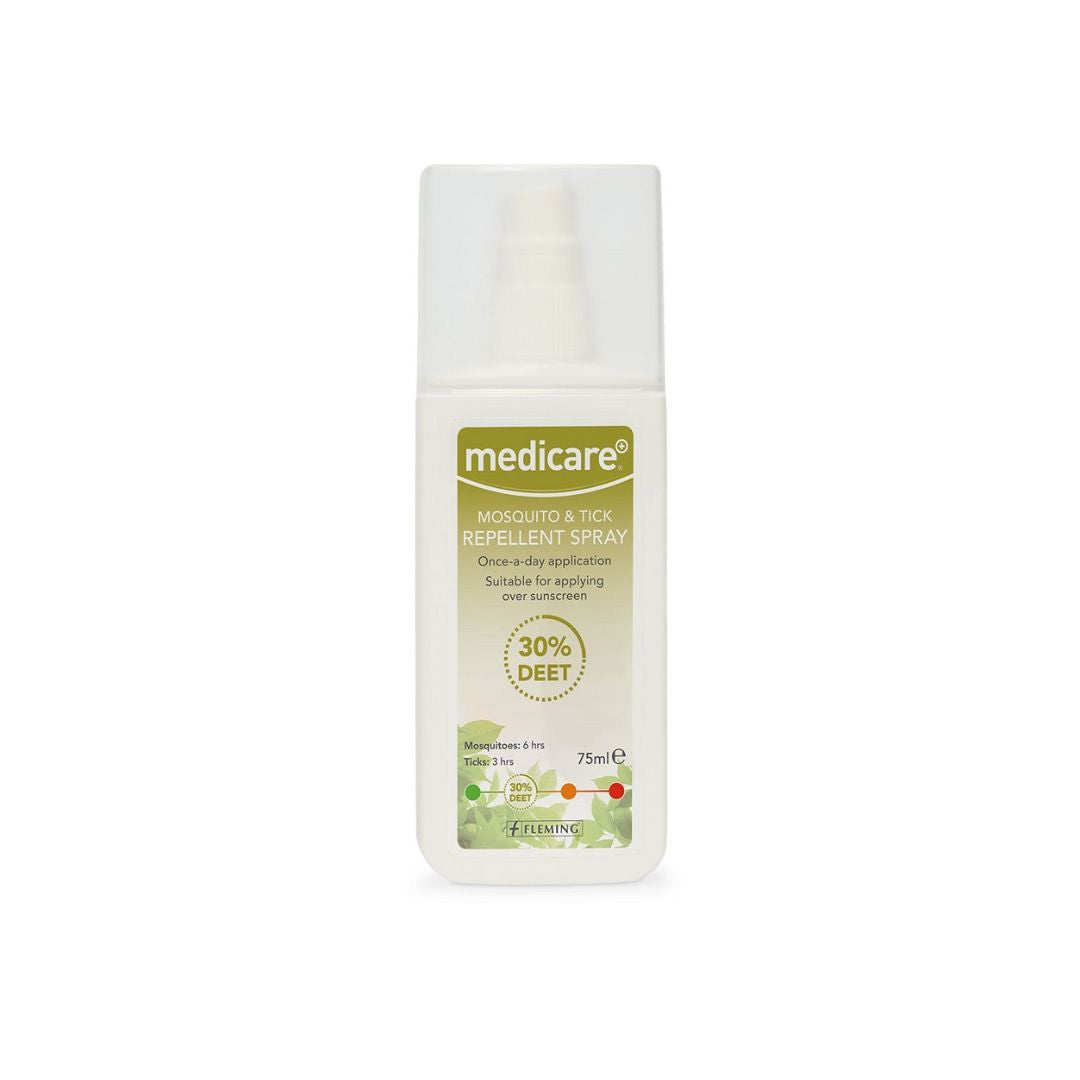 A 75ml bottle of medicare Mosquito & Tick Repellent Spray on a plain white background.