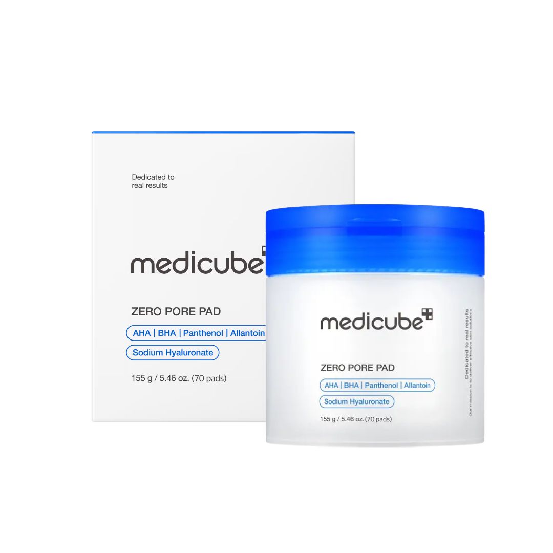 Medicube Zero Pore Pad skincare set featuring a white jar with a bright blue lid and a matching white box with blue accents, shown on a plain white background.