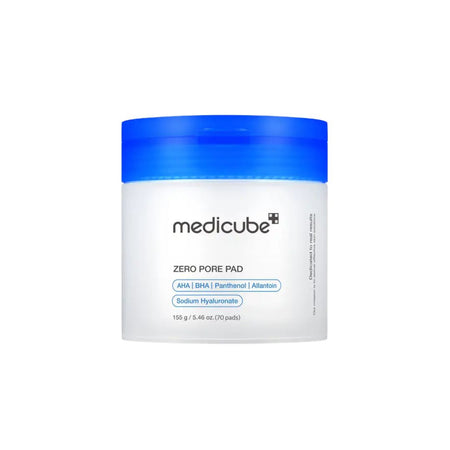 A white cosmetic jar with a bright blue lid for medicube Zero Pore Pad, shown on a plain white background.