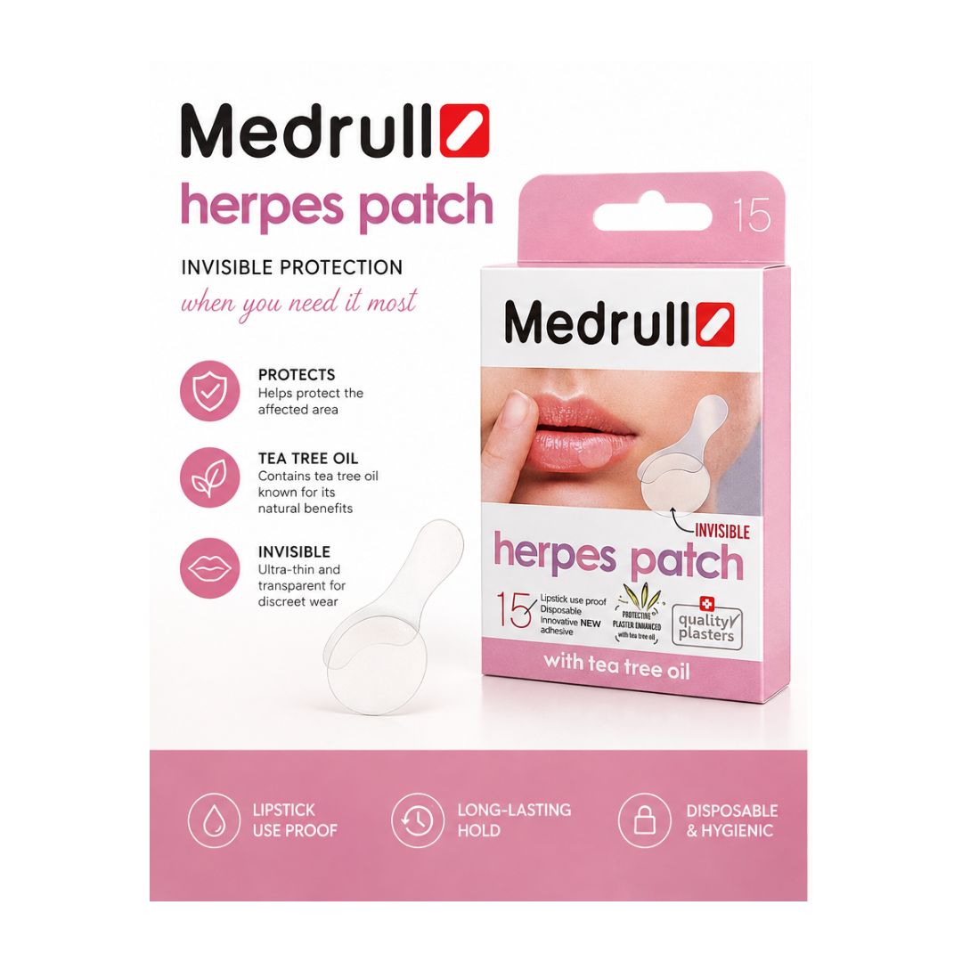 Medrull Herpes Patches (15 Pack) product information graphic on a white background