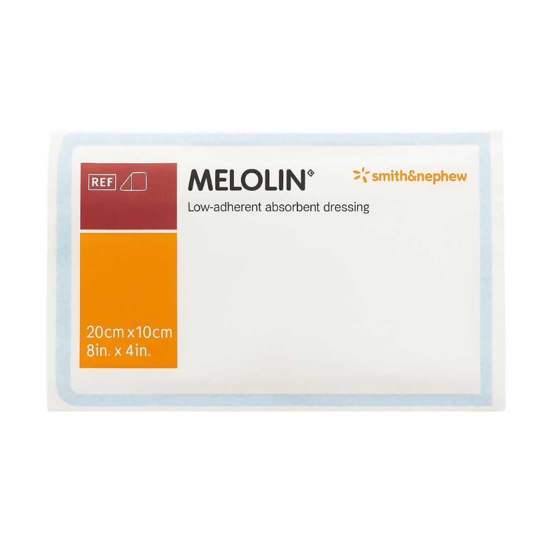 Melolin low-adherent absorbent dressing packaging by Smith & Nephew on a white background